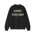 Black crewneck sweatshirt featuring Fight Fascism in distressed white lettering across the chest, embodying anti-fascist spir