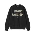 Black crewneck sweatshirt featuring Fight Fascism in distressed white lettering across the chest, embodying anti-fascist spir