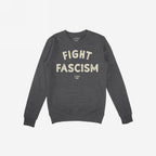 Dark charcoal-gray crewneck sweatshirt titled Fight Fascism Hoodie & Sweatshirt, featuring distressed off-white text FIGHT FASCISM and a small logo, embodying an anti-fascist protest design.