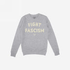 Fight Fascism Hoodie & Sweatshirt features a light-gray, long-sleeve crewneck with FIGHT FASCISM in large off-white letters, embodying anti-fascist protest spirit with a small logo below.