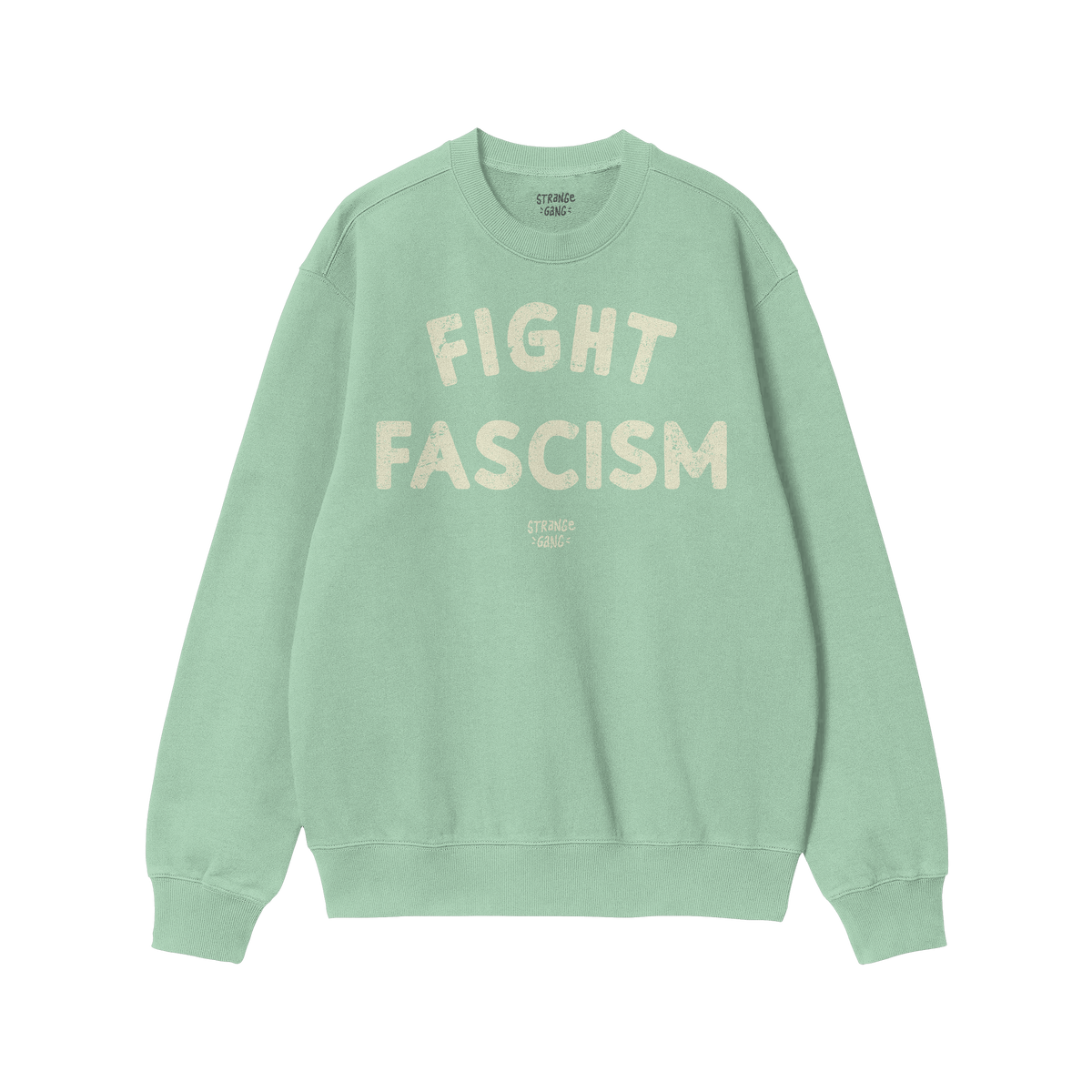 Fight Fascism Crewneck Sweatshirt features distressed off-white block lettering with a small logo. Ideal for protests or ever