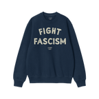 Navy-blue crewneck sweatshirt with FIGHT FASCISM in distressed off-white block letters, embodying the Fight Fascism Hoodie & 