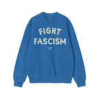 Cobalt-blue Fight Fascism crewneck sweatshirt with distressed off-white block letters on a white background, embodying a bold