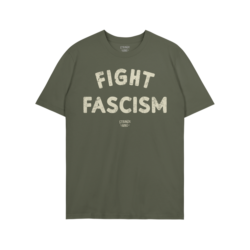 Olive-green cotton Fight Fascism T-shirt with large, distressed cream letters expressing anti-fascist sentiment, ideal for ac