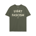 Olive-green cotton Fight Fascism T-shirt with large, distressed cream letters expressing anti-fascist sentiment, ideal for ac