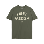 Olive-green cotton Fight Fascism T-shirt with large, distressed cream letters expressing anti-fascist sentiment, ideal for ac