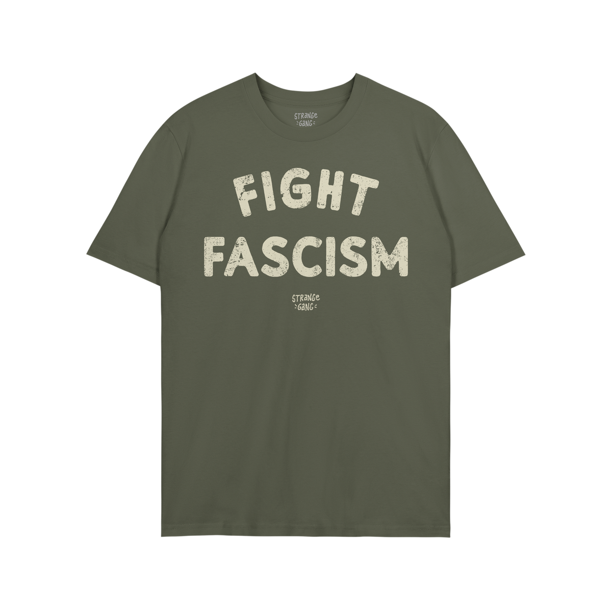 Olive-green cotton Fight Fascism T-shirt with large, distressed cream letters expressing anti-fascist sentiment, ideal for ac