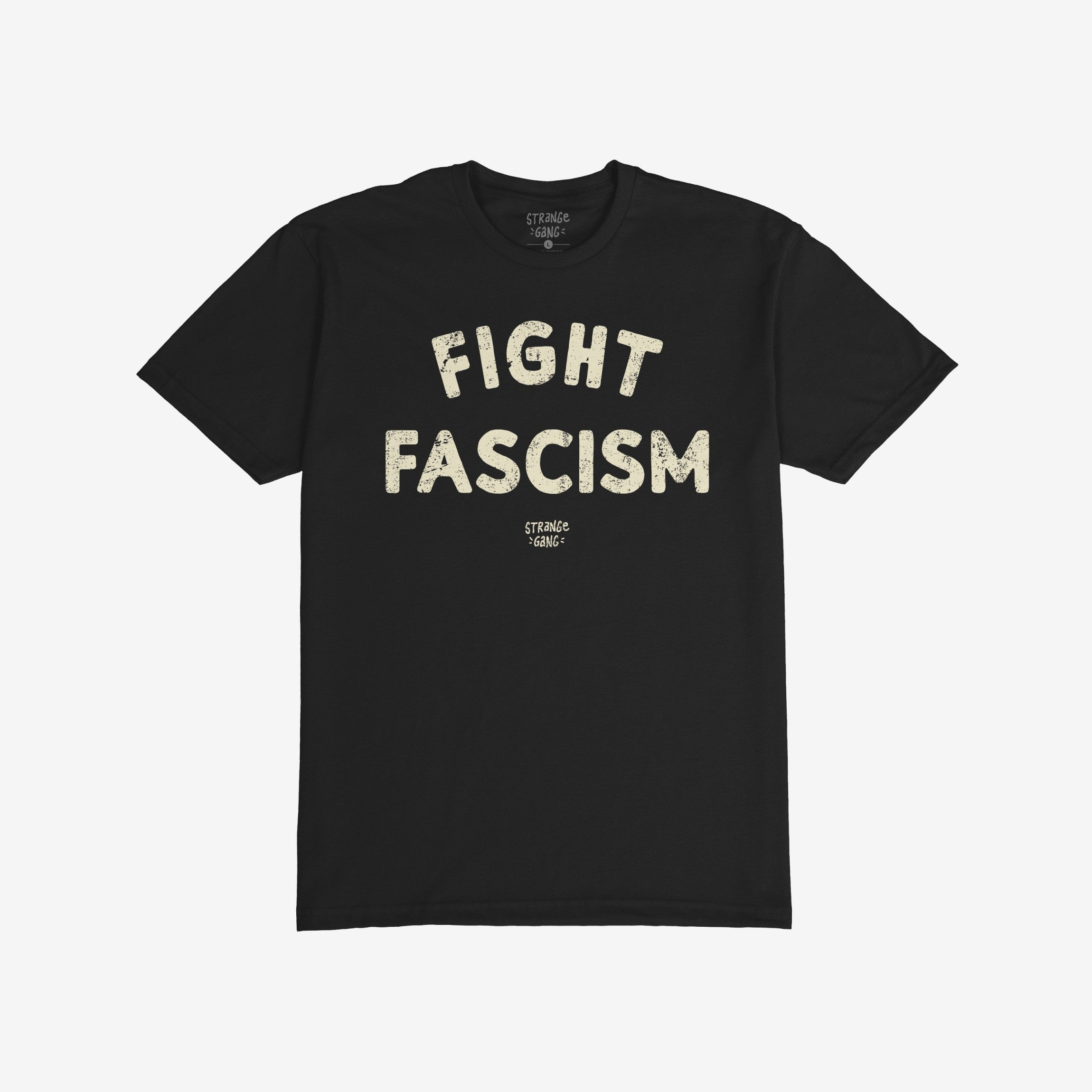 Black T-shirt with bold, off-white “FIGHT FASCISM” lettering across the chest, embodying an anti-fascist message. Below, smaller text subtly identifies the designer, enhancing the shirt's statement against hate.