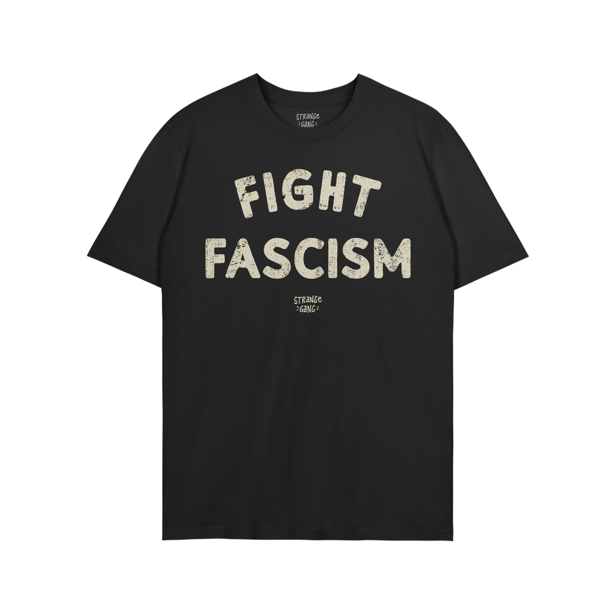 Black T-shirt with bold, off-white “FIGHT FASCISM” lettering across the chest, embodying an anti-fascist message. Below, 
