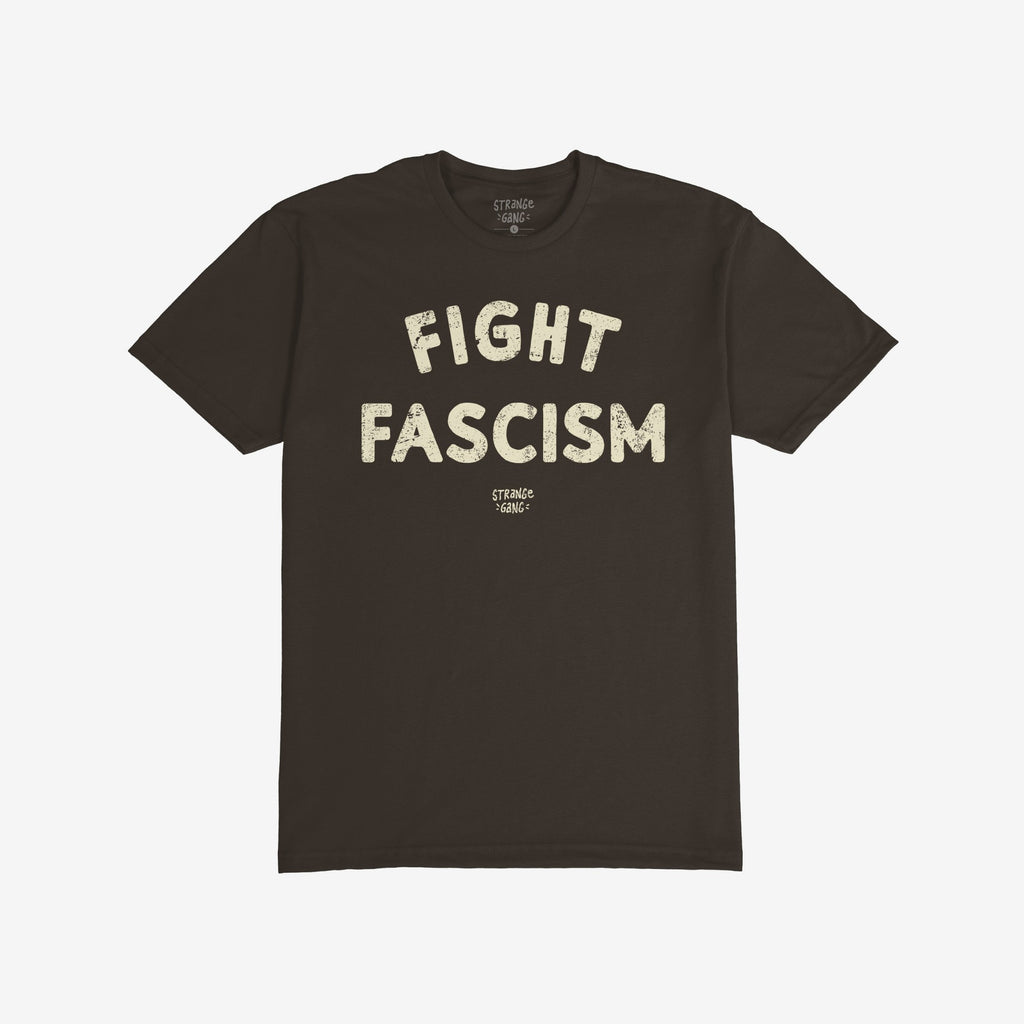 The Fight Fascism T-shirt features bold, distressed off-white lettering on a dark background, conveying a powerful anti-fascist message for activists and supporters of equality.