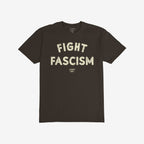 The Fight Fascism T-shirt features bold, distressed off-white lettering on a dark background, conveying a powerful anti-fascist message for activists and supporters of equality.