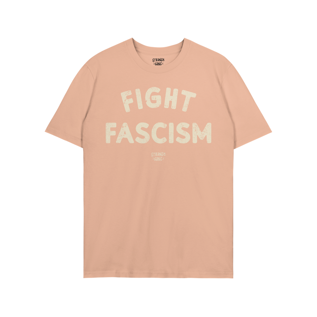 The Fight Fascism T-shirt features bold, distressed off-white lettering on a dark background, conveying a powerful anti-fasci