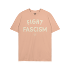 The Fight Fascism T-shirt features bold, distressed off-white lettering on a dark background, conveying a powerful anti-fasci