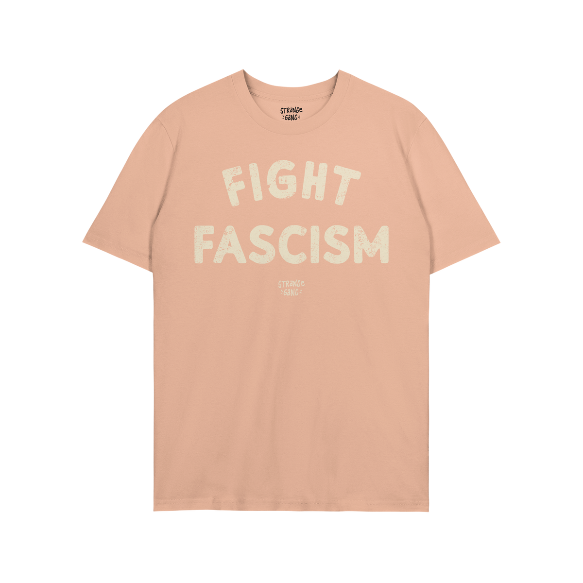 The Fight Fascism T-shirt features bold, distressed off-white lettering on a dark background, conveying a powerful anti-fasci