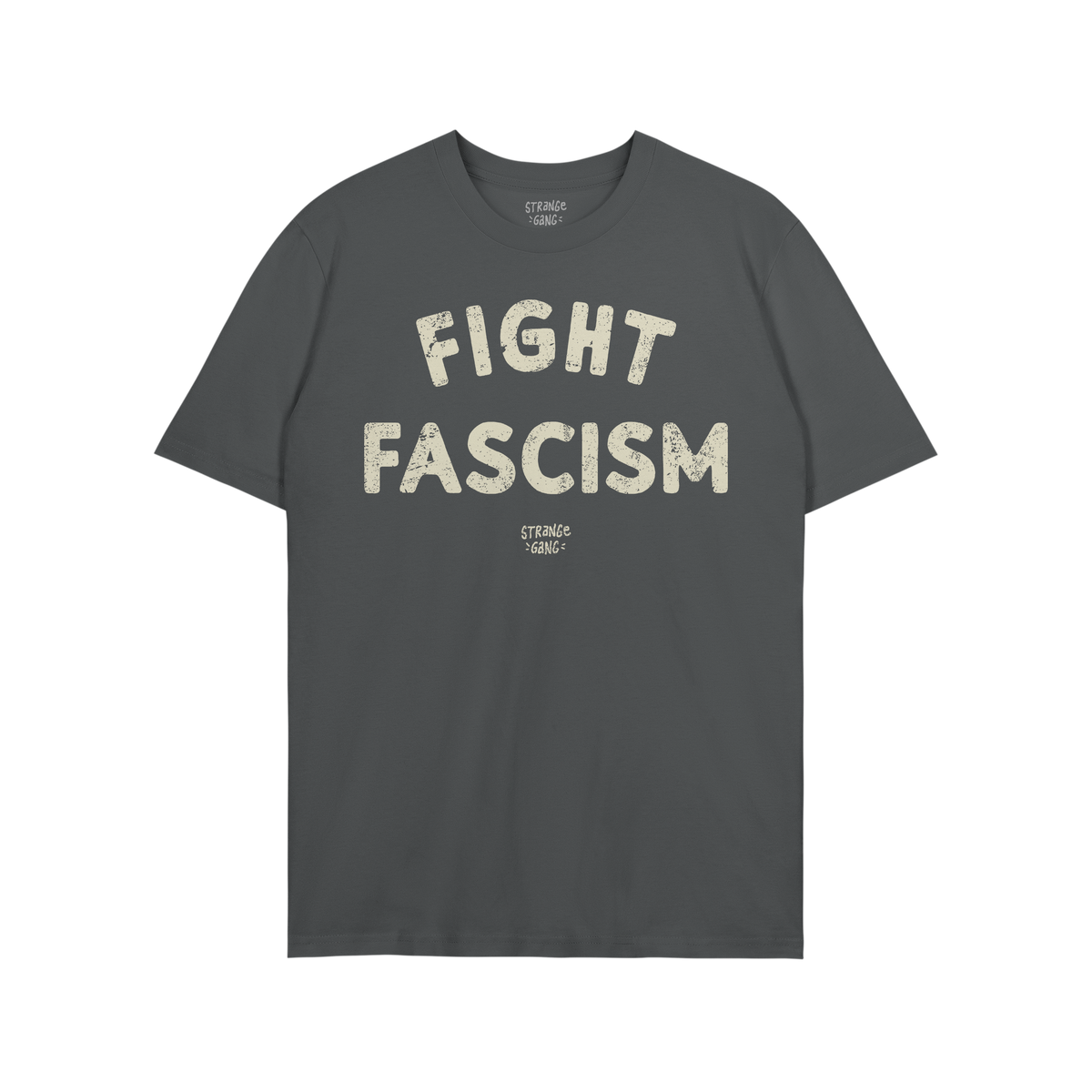 Dark charcoal-gray Fight Fascism T-shirt with distressed off-white text, advocating against fascism. Brand name appears below