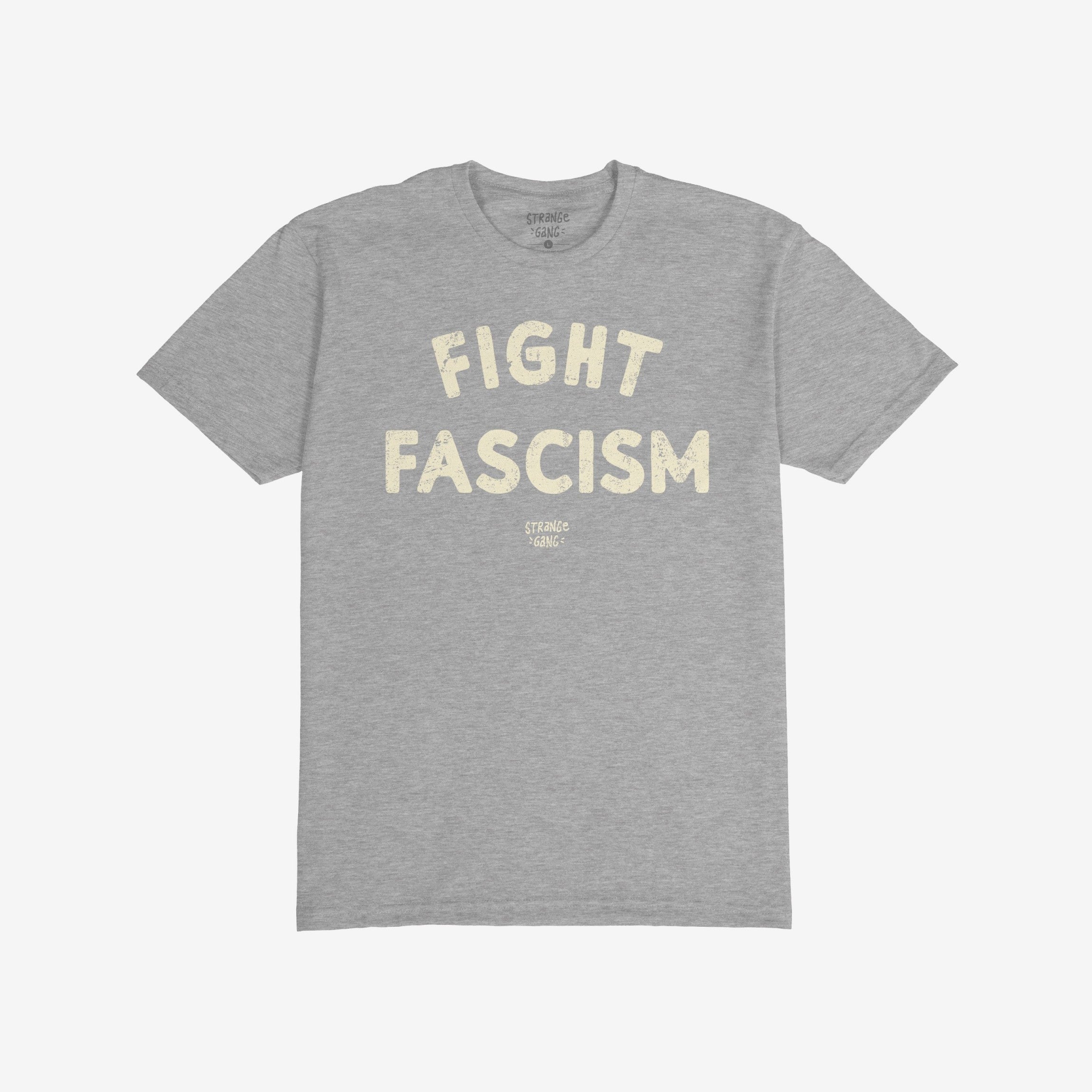 Heather-gray Fight Fascism T-shirt with FIGHT FASCISM in distressed off-white block letters and a small logo below. Ideal for anti-fascist activism and everyday wear.
