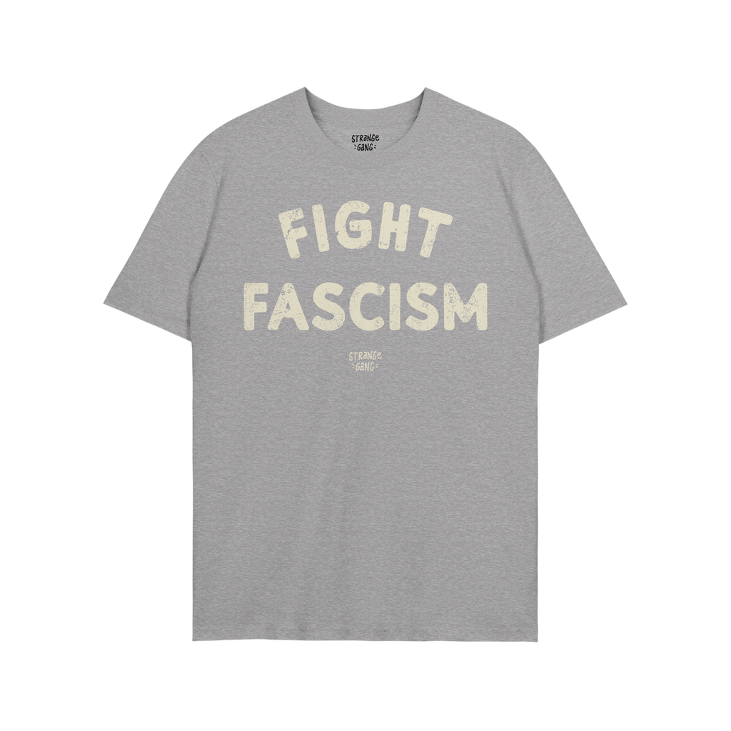Heather-gray Fight Fascism T-shirt with FIGHT FASCISM in distressed off-white block letters and a small logo below. Ideal for