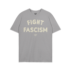 Heather-gray Fight Fascism T-shirt with FIGHT FASCISM in distressed off-white block letters and a small logo below. Ideal for