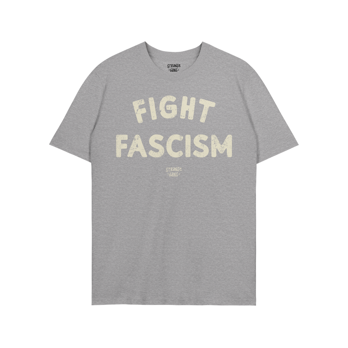 Heather-gray Fight Fascism T-shirt with FIGHT FASCISM in distressed off-white block letters and a small logo below. Ideal for