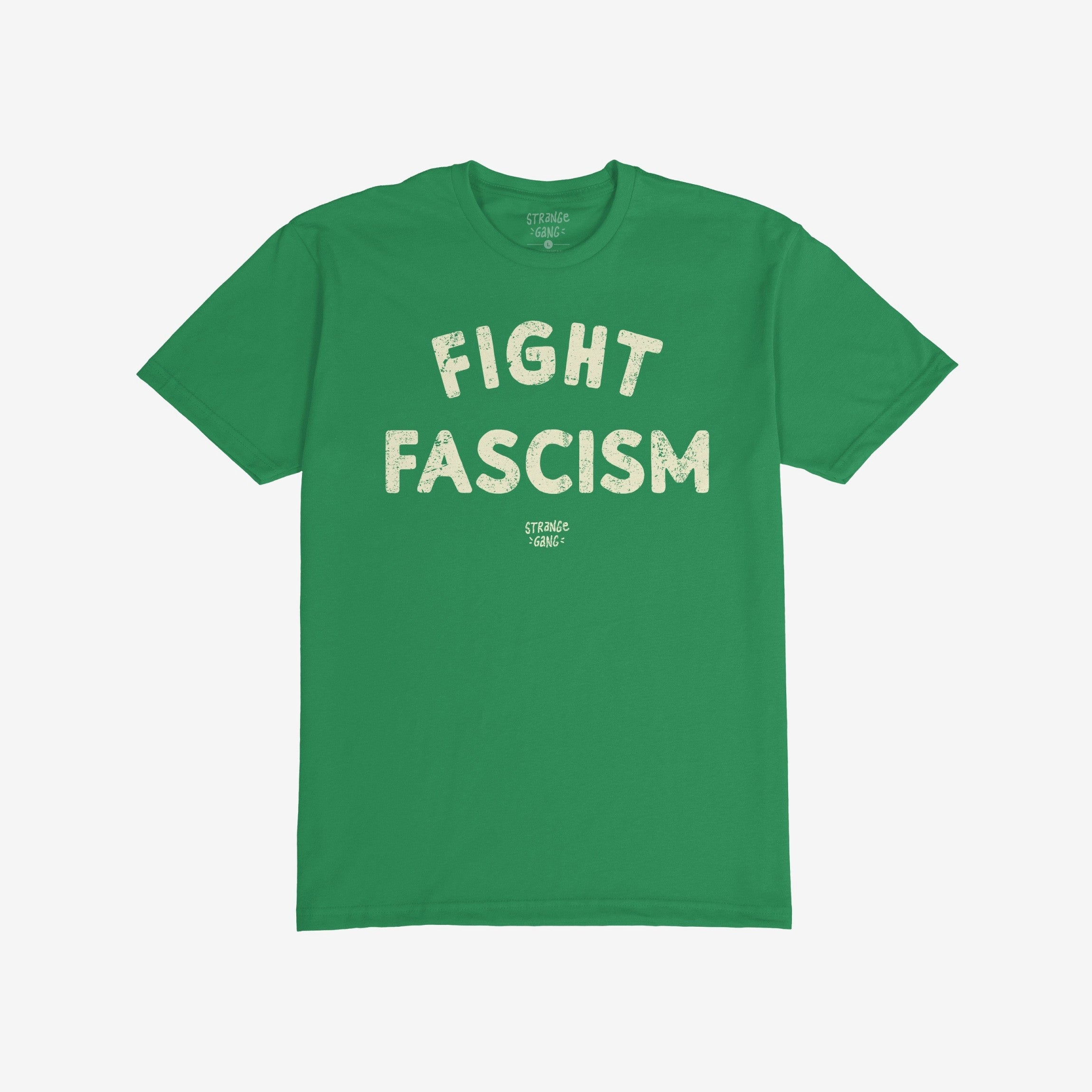 Fight Fascism T-shirt with large, distressed off-white text on a solid green background, advocating anti-fascist sentiment. A smaller designer mark is below the slogan, embodying activism and resistance.