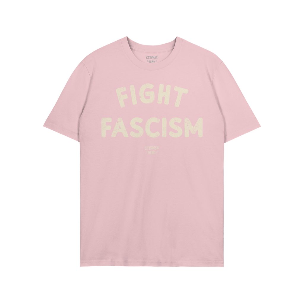 Light-blue Fight Fascism T-shirt with short sleeves, featuring large, off-white distressed print slogan and small logo below.
