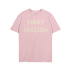 Light-blue Fight Fascism T-shirt with short sleeves, featuring large, off-white distressed print slogan and small logo below.