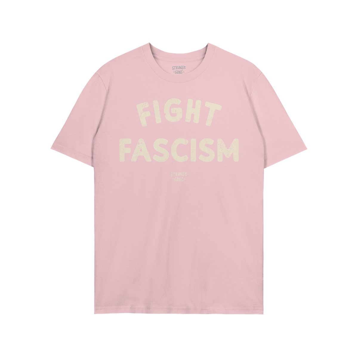 Light-blue Fight Fascism T-shirt with short sleeves, featuring large, off-white distressed print slogan and small logo below.