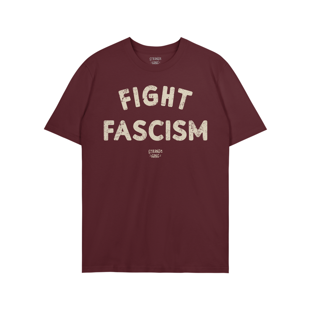 Fight Fascism T-shirt in deep burgundy with distressed off-white text across the chest, designed for anti-fascist activism. S