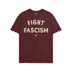 Fight Fascism T-shirt in deep burgundy with distressed off-white text across the chest, designed for anti-fascist activism. S