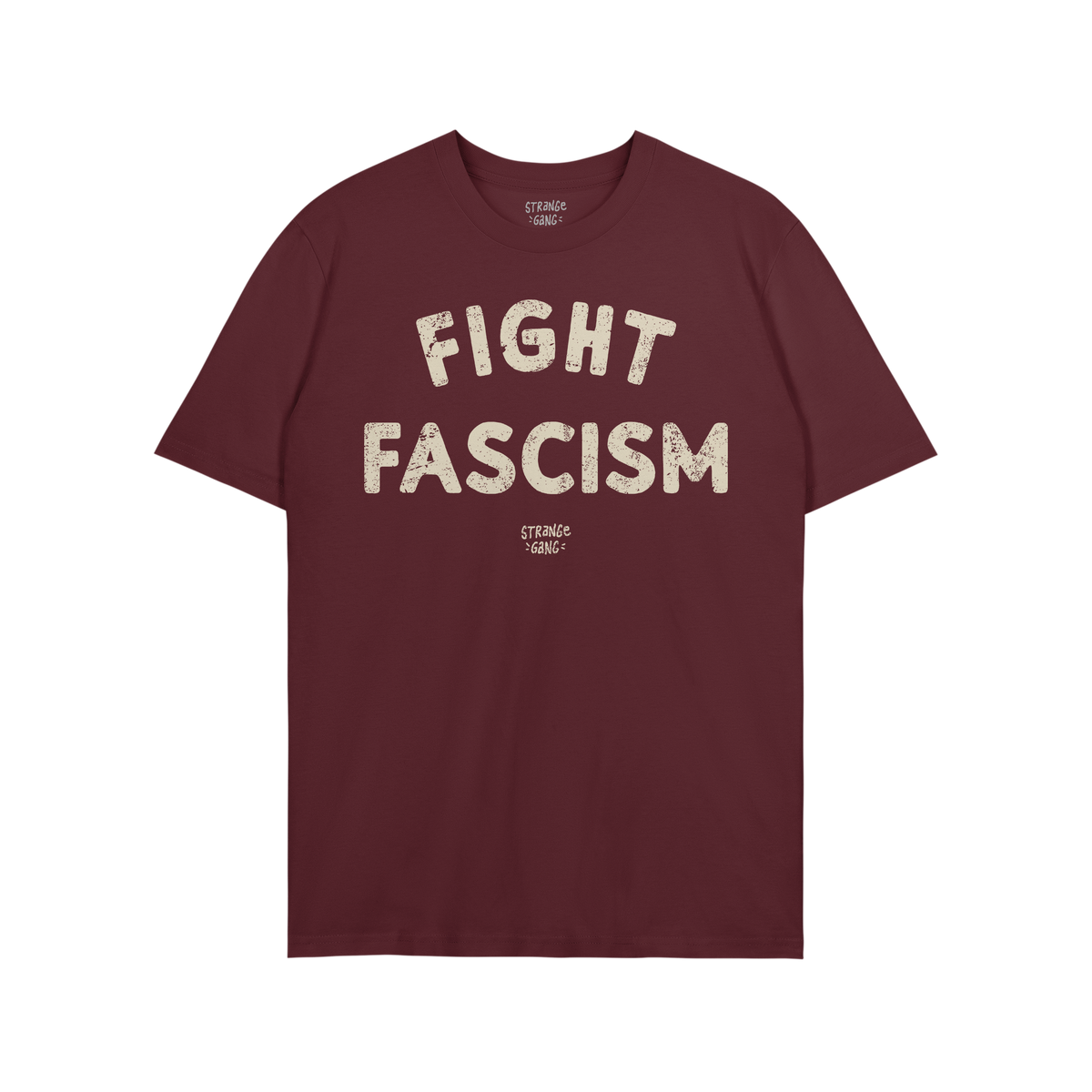 Fight Fascism T-shirt in deep burgundy with distressed off-white text across the chest, designed for anti-fascist activism. S