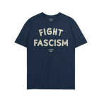 Dark/navy-blue Fight Fascism T-shirt with bold, cream, distressed text conveying an anti-fascist message. The design includes