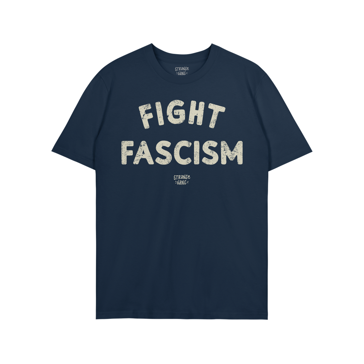 Dark/navy-blue Fight Fascism T-shirt with bold, cream, distressed text conveying an anti-fascist message. The design includes