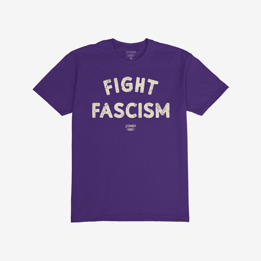 Deep purple Fight Fascism T-shirt featuring FIGHT arched over FASCISM in distressed off-white text on the chest, embodying an anti-fascist message.
