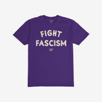 Deep purple Fight Fascism T-shirt featuring FIGHT arched over FASCISM in distressed off-white text on the chest, embodying an anti-fascist message.