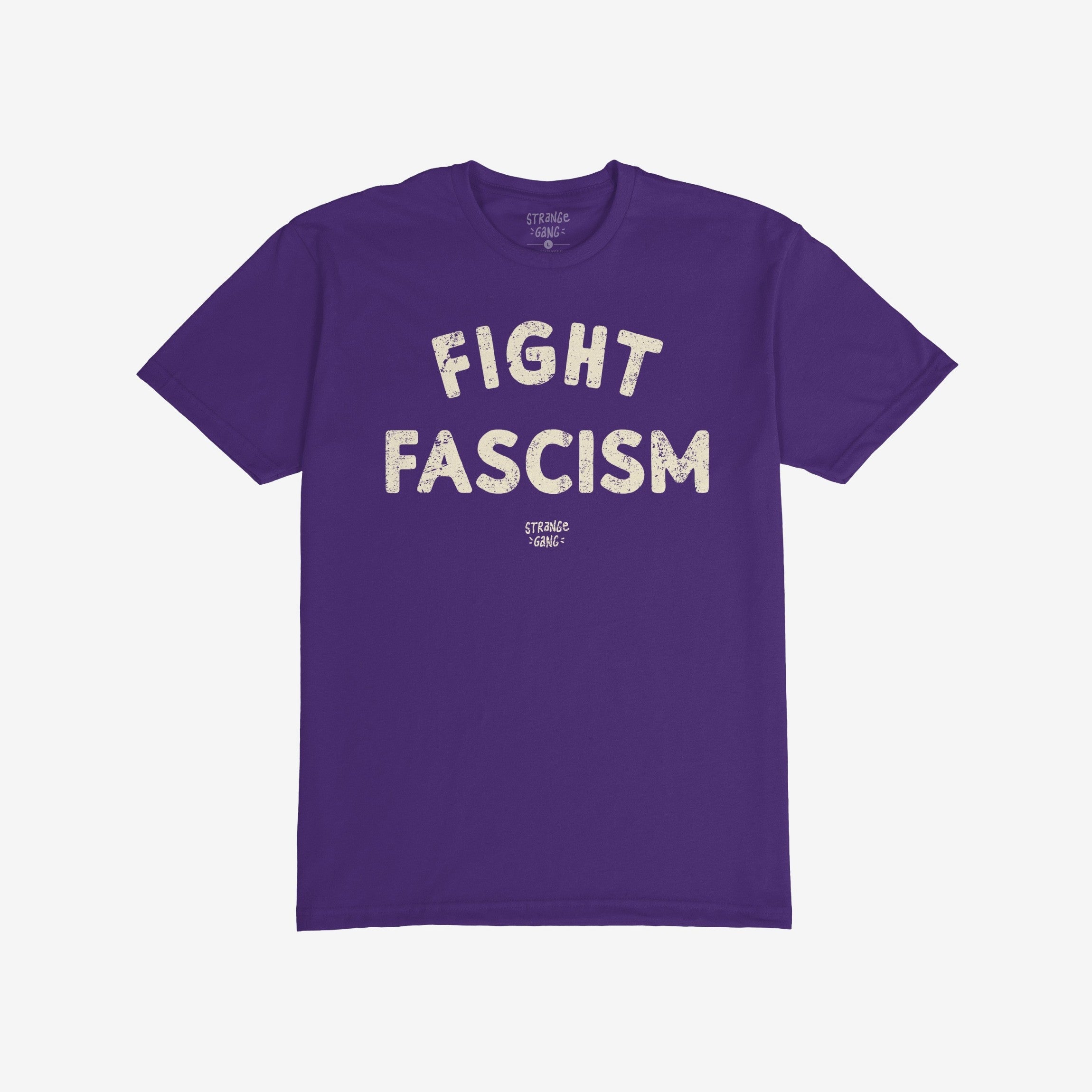 Deep purple Fight Fascism T-shirt featuring FIGHT arched over FASCISM in distressed off-white text on the chest, embodying an anti-fascist message.