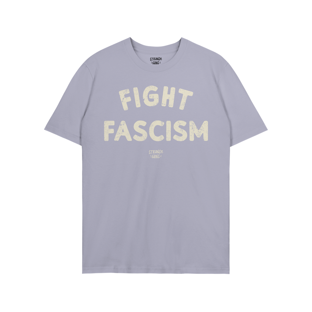 Deep purple Fight Fascism T-shirt featuring FIGHT arched over FASCISM in distressed off-white text on the chest, embodying an