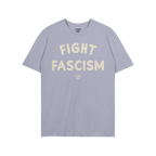 Deep purple Fight Fascism T-shirt featuring FIGHT arched over FASCISM in distressed off-white text on the chest, embodying an