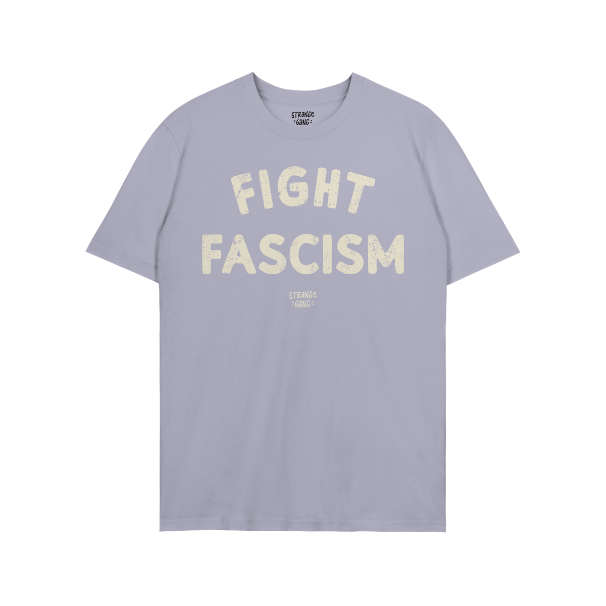 Deep purple Fight Fascism T-shirt featuring FIGHT arched over FASCISM in distressed off-white text on the chest, embodying an
