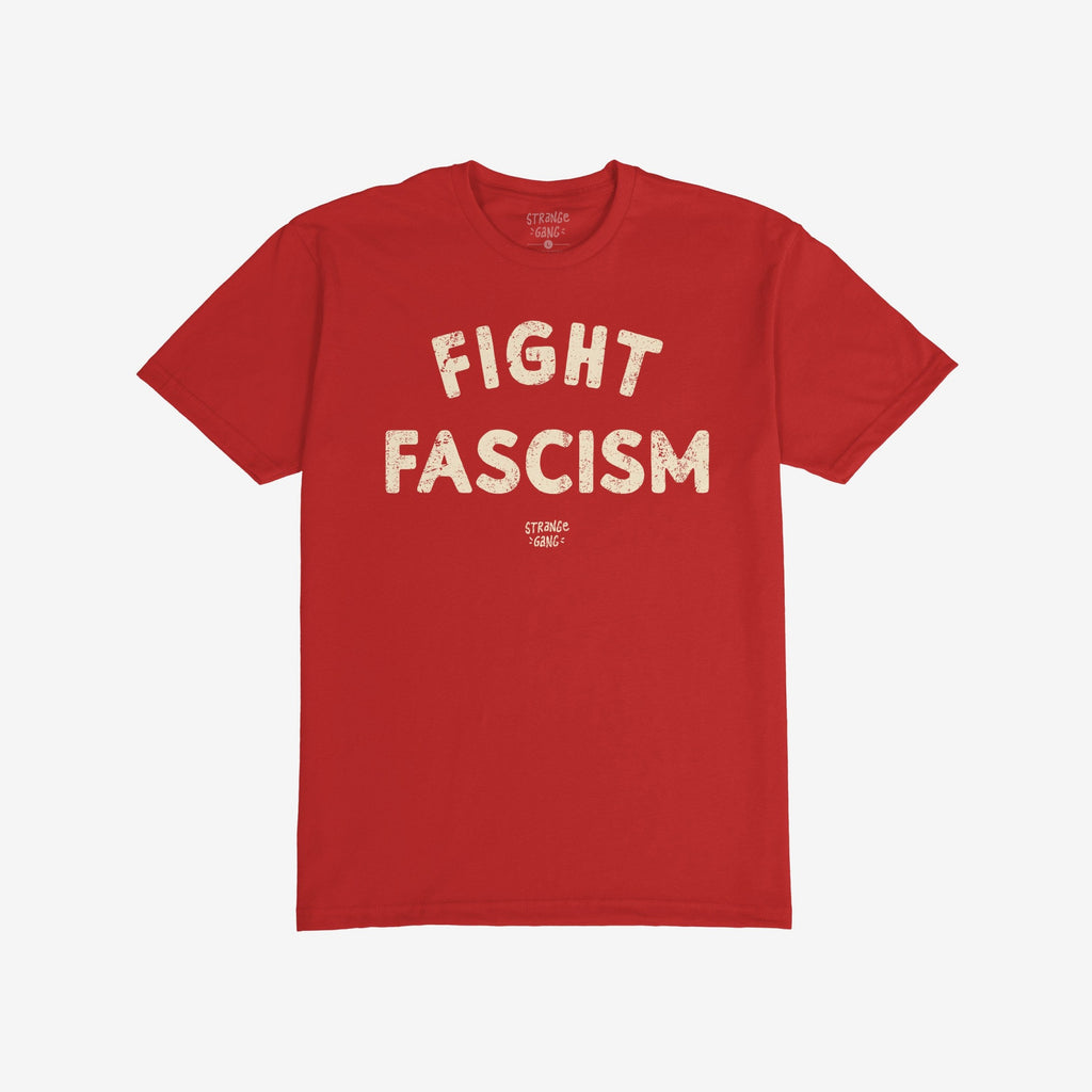 Fight Fascism T-shirt with bold distressed lettering on the chest; an anti-fascist protest design for activism, featuring a small logo beneath the message.
