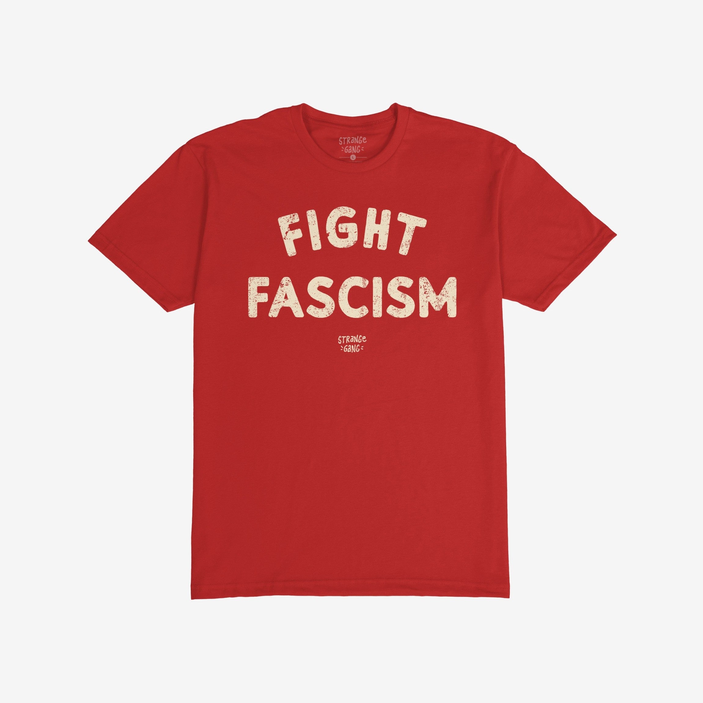 Fight Fascism T-shirt with bold distressed lettering on the chest; an anti-fascist protest design for activism, featuring a small logo beneath the message.