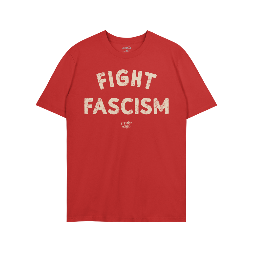 Fight Fascism T-shirt with bold distressed lettering on the chest; an anti-fascist protest design for activism, featuring a s