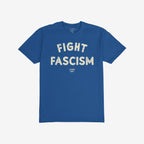 Solid-blue Fight Fascism T-shirt with bold, off-white distressed text, ideal for protests or events. Features anti-fascist messaging above smaller lettering, embodying activism and commitment to equality.
