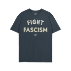 Solid-blue Fight Fascism T-shirt with bold, off-white distressed text, ideal for protests or events. Features anti-fascist me