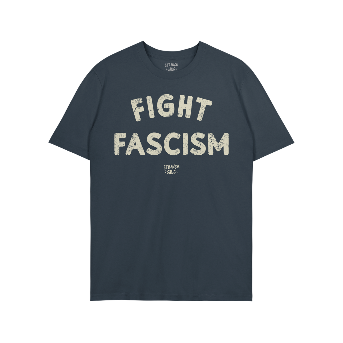 Solid-blue Fight Fascism T-shirt with bold, off-white distressed text, ideal for protests or events. Features anti-fascist me