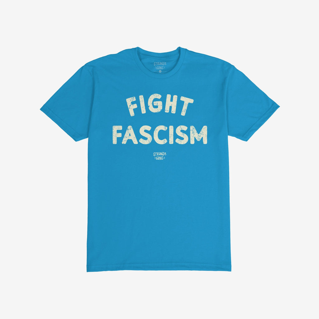 Bright blue Fight Fascism T-shirt with distressed off-white slogan, short sleeves, crew neck, laid flat. Design embodies anti-fascist activism, ideal for protests or everyday wear.