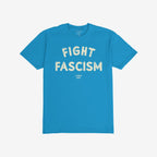 Bright blue Fight Fascism T-shirt with distressed off-white slogan, short sleeves, crew neck, laid flat. Design embodies anti-fascist activism, ideal for protests or everyday wear.
