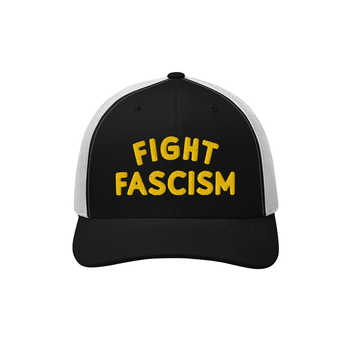 Trucker-style black-and-white Fight Fascism Hat with bold yellow embroidery. Ideal for protests or daily wear, aligning with 