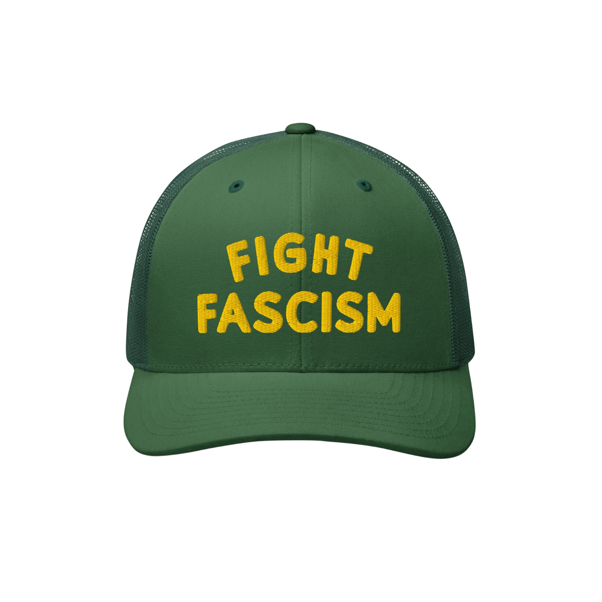 Fight Fascism Hat: Green trucker cap with yellow FIGHT FASCISM embroidery, featuring a curved brim and mesh back. Ideal for p