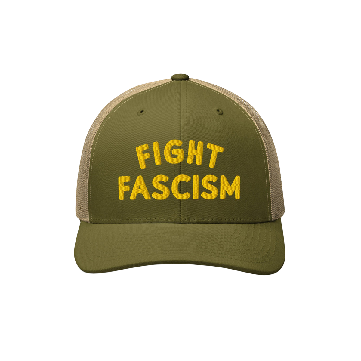 Olive-green trucker-style baseball cap with a tan mesh back, featuring FIGHT FASCISM embroidered in bold yellow letters, desi