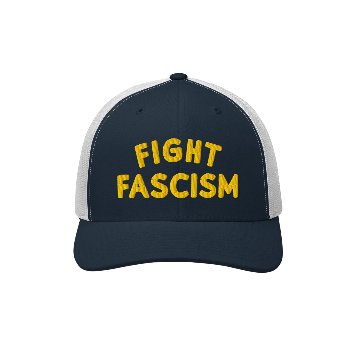 Navy-blue and white mesh trucker cap with yellow FIGHT FASCISM embroidery, embodying anti-fascist protest spirit. Ideal for v